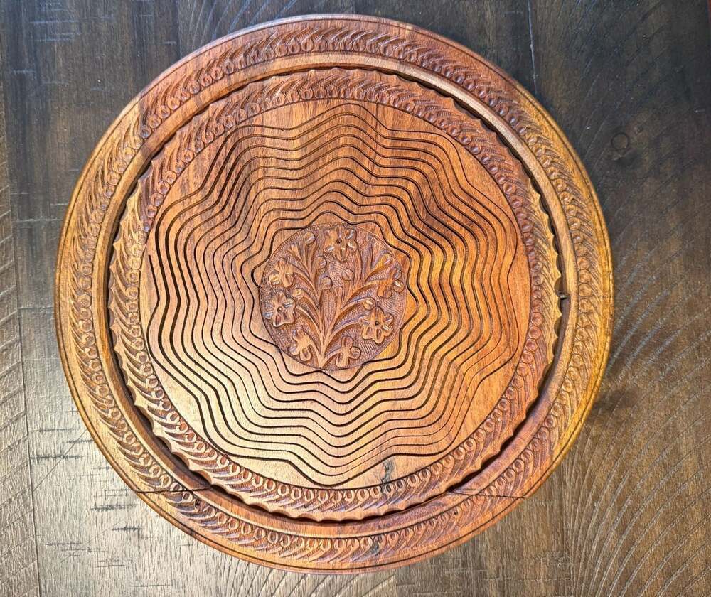 Handmade Collapsible Carved Wooden Fruit Basket with Floral Center
